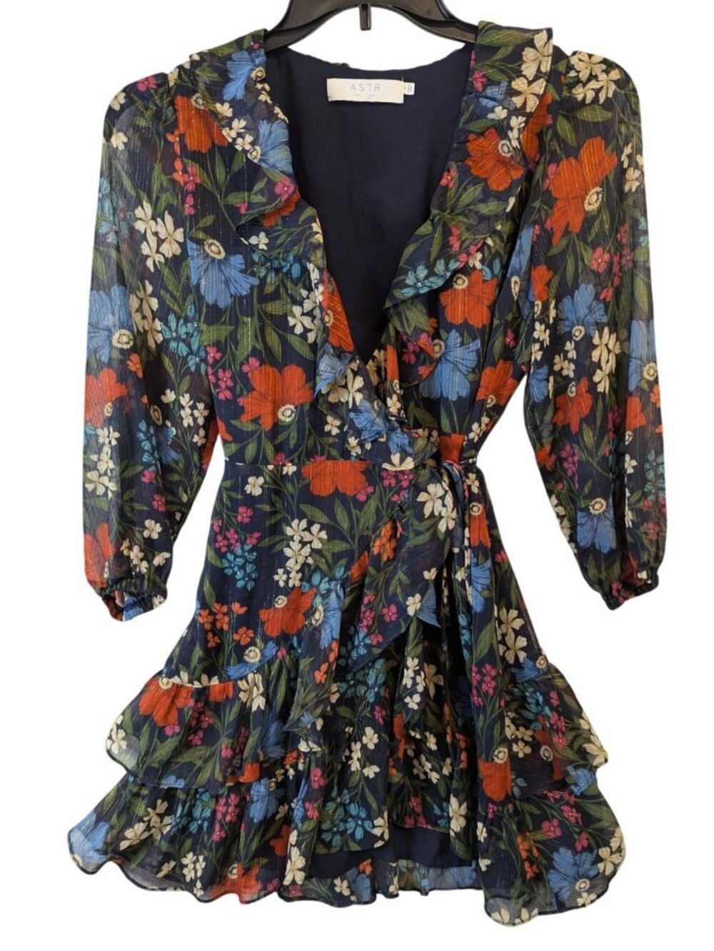 ASTR The Label Womens S Floral Wrap Ruffle Long Sleeve Dress Boho Romantic